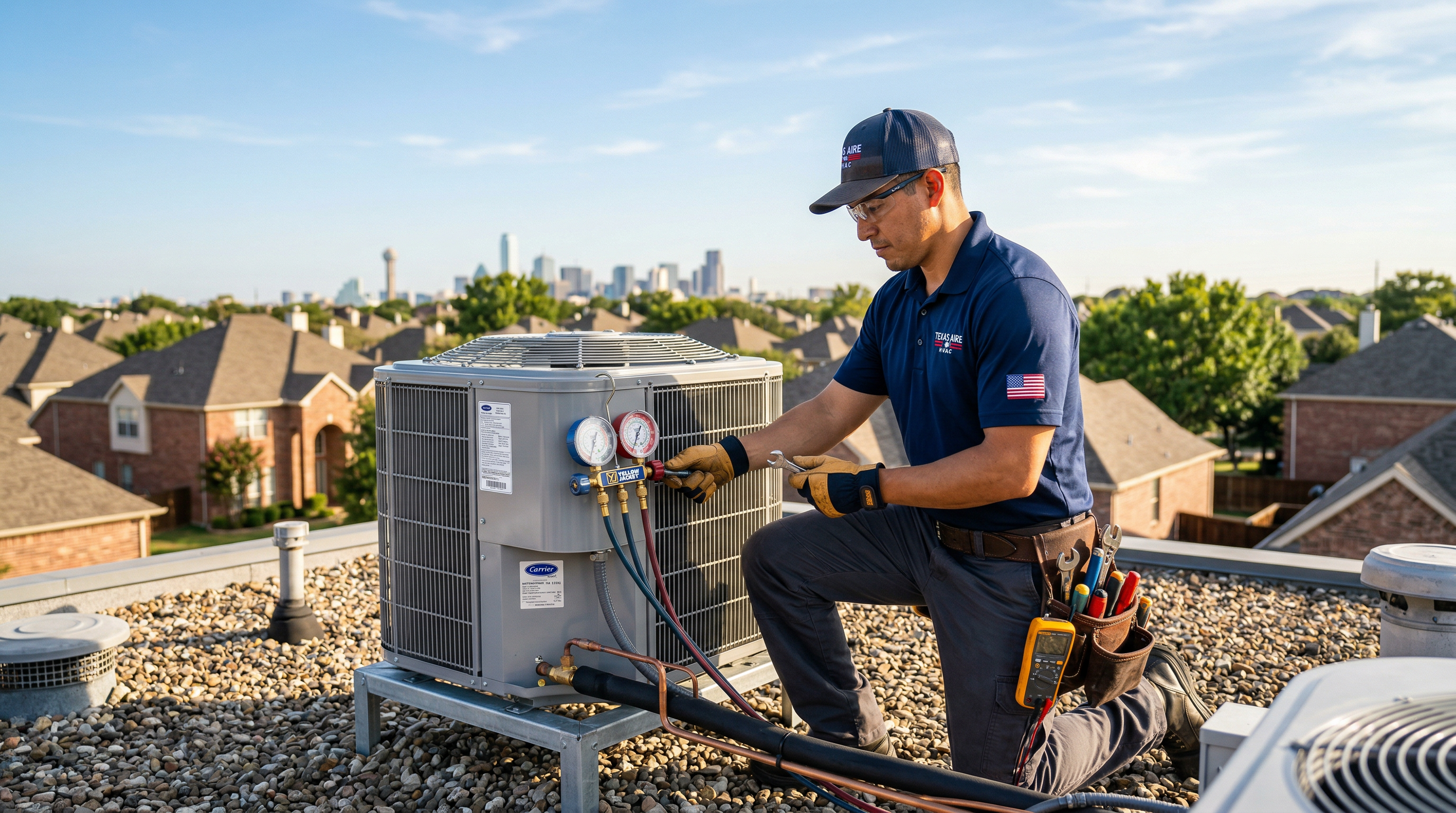 HVAC technician servicing air conditioning unit on a Dallas rooftop