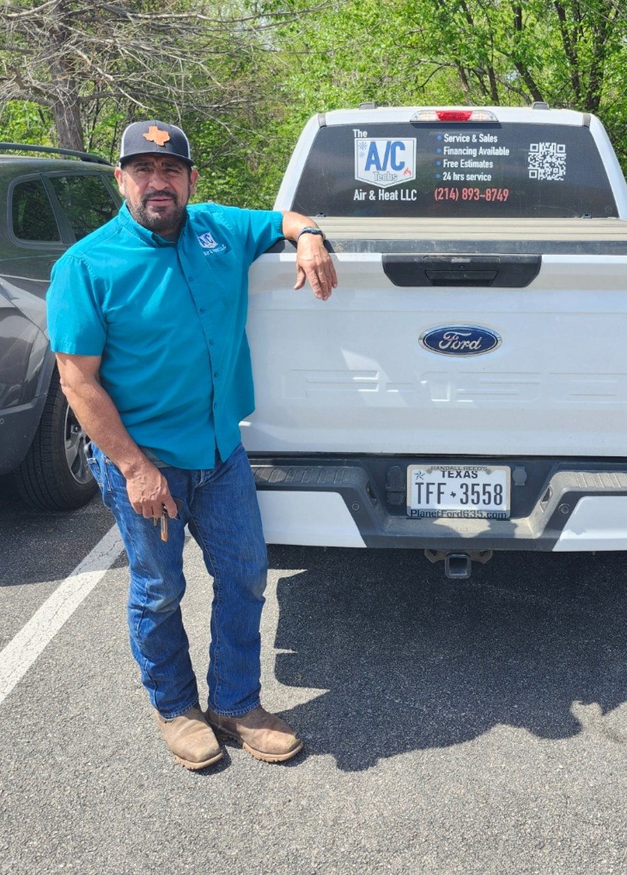 Joe, owner-operator of The A/C Techs Air & Heat LLC, standing by the company service truck in Balch Springs, TX